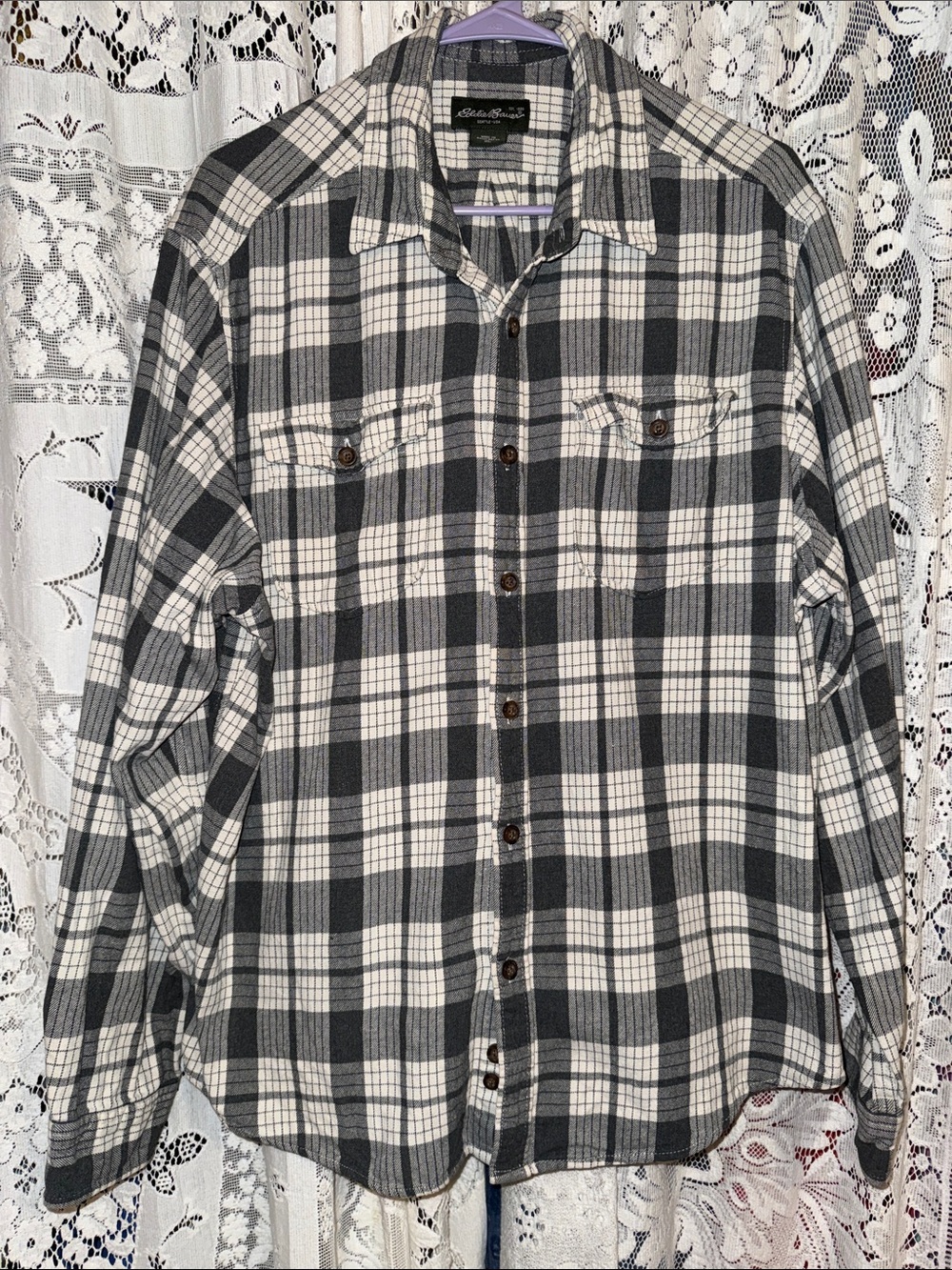 Eddie Bauer Gray and White Plaid Button-Down flannel shirt xl